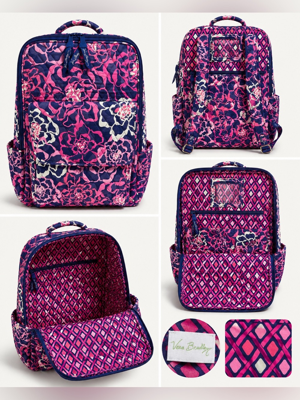 Vera Bradley Quilted Floral Backpack Pink Navy Multi Pocket